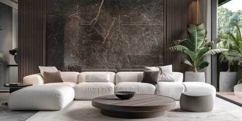 Elegant Modern Living Room With Plush Seating and Marble Wall Accents