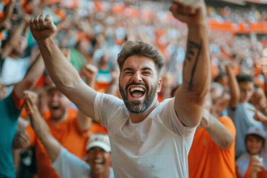 Excited Soccer Fan Celebrating a Goal at a Sunlit Stadium