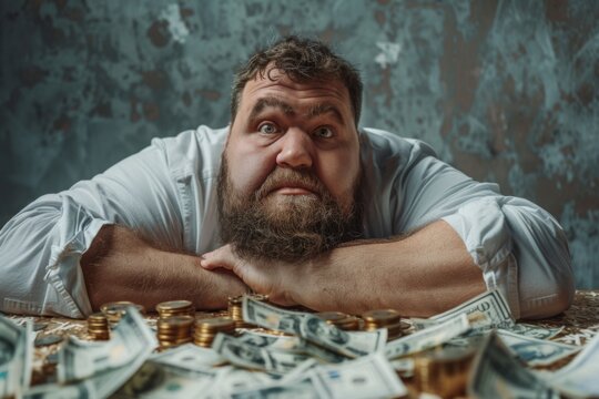 Disheveled Man With Beard Guarding Scattered Money on Table in Dimly Lit Room