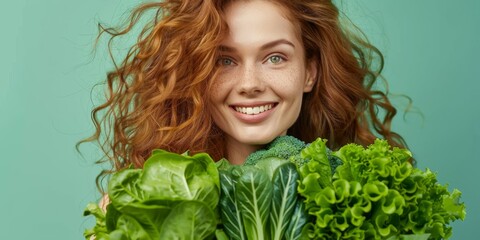 Naklejka premium Radiant Young Woman Embracing Fresh Green Leafy Vegetables Smiling on Green Background