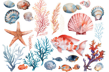 Seamless ocean pattern with seashells, starfish and other marine life