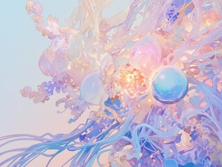 SynapseCilia on cell surface, rhythmic waves, pastel palette, detailed view, soft lighting, overhead perspective