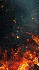 Fototapeta na wymiar Fire and flying embers on a black background