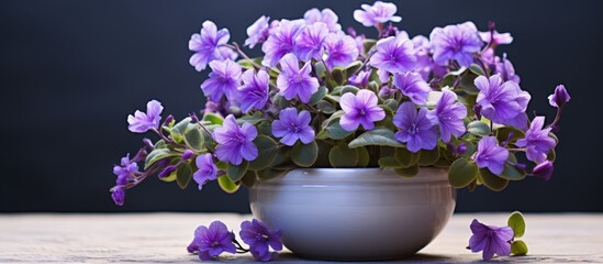 A houseplant with violet petals in a purple flowerpot is displayed on a table, adding a touch of color to the room
