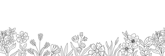 Wild blooming meadow flowers and herbs border. Horizontal banner, floral overlay backdrop. Botanical monochrome ink sketch style hand drawn vector illustration isolated on transparent background. - obrazy, fototapety, plakaty