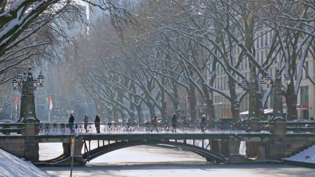 People crossing a bridge in a snowy city park with bare trees and street lamps