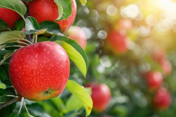 A cluster of ripe red apples hanging from branches of a tree in an orchard - obrazy, fototapety, plakaty