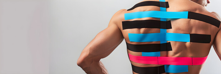 Step-by-step Demonstration of Applying KT Tape on Lower Back for Pain Relief - obrazy, fototapety, plakaty