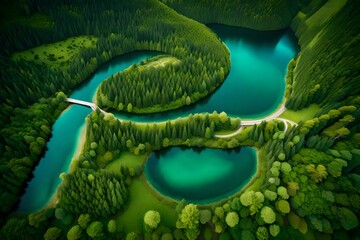Fototapeta premium Summertime aerial image of a road through verdant forests and azure lakes.