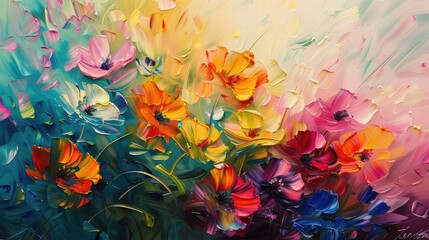 Oil painting of flowers on canvas. Abstract colorful background.