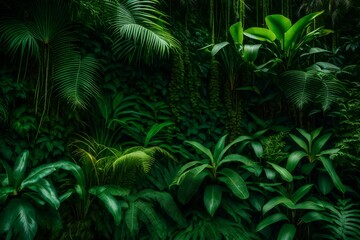 Rich green hues abound in this plant wall, which is adorned with a variety of orchids, fern leaves, jungle palms, and flowers against a backdrop of a rainforest. - obrazy, fototapety, plakaty