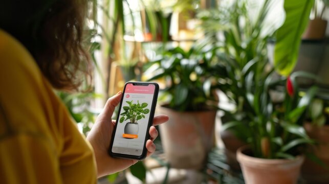 Person Holding Cell Phone With Plant Background