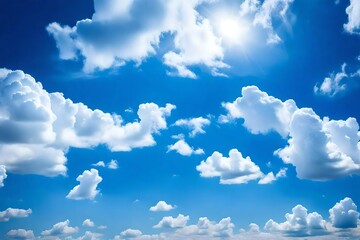 White clouds with a clear blue sky. Lovely white clouds against a deep blue sky represent the idea of nature. Clear skies for a pleasant summer. a breath of fresh air. - obrazy, fototapety, plakaty