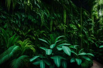 Rich green hues abound in this plant wall, which is adorned with a variety of orchids, fern leaves, jungle palms, and flowers against a backdrop of a rainforest.
