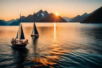 A luxurious summertime trip on a sailboat in the water during the sunset light with a backdrop of stunning mountains, an action-packed vacation. - obrazy, fototapety, plakaty