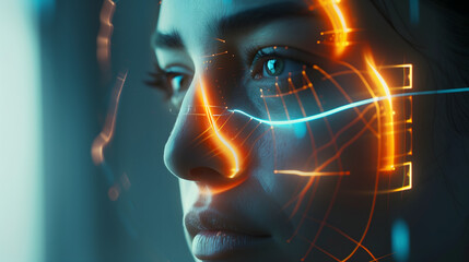 A close up of the face profile of an attractive woman with glowing cybernetic blue eyes, digital lines of code floating around her head in orange light