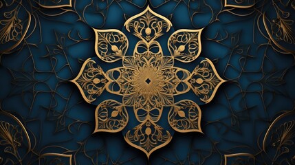 Golden mandala design set against a deep blue background. Oriental patterns