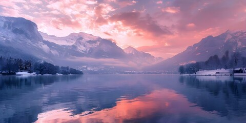 Fototapeta na wymiar Scenic winter sunset at Lake Annecy HauteSavoie surrounded by French Alps mountains. Concept Winter Photography, Scenic Sunsets, Lake Annecy, French Alps, Haute-Savoie