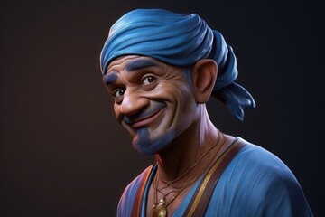Portrait of a smiling pirate or wizard in blue clothes and a blue turban - obrazy, fototapety, plakaty