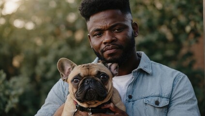 Happy young African American man with dog