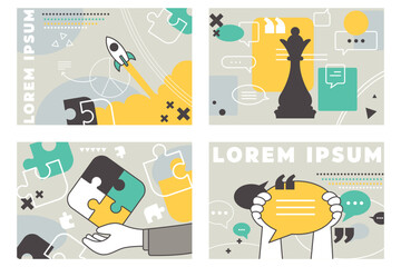 Business creative illustrations. Set of vector concepts of project development, business management and banking. Illustrations for web banner, social media, business presentation, marketing material