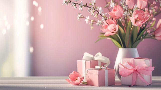 Image of several gift boxes on the table that are beautifully and luxuriously wrapped, as well as flower decorations in vases.