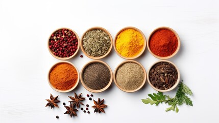 Set of various spices in a bowls on white wooden table background, border with copy space.