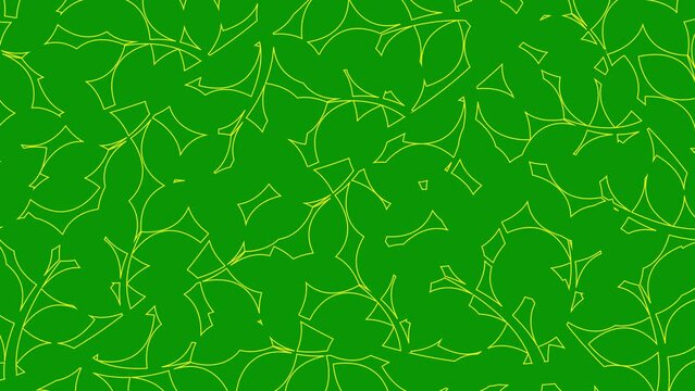 Animated linear floral background. Line yellow leaves on branch is drawn gradually. Concept of gardening, ecology, nature. Vector illustration isolated on green background.