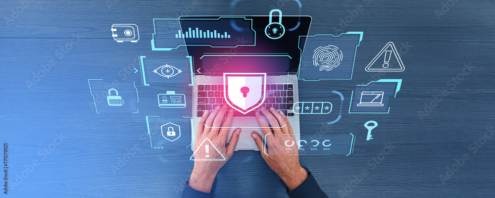 Aufkleber man using laptop, digital cybersecurity chart with big business data