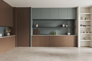 Fotobehang Modern home kitchen interior with cooking cabinet and kitchenware © ImageFlow