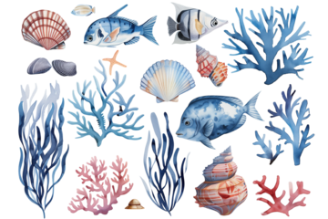 Seamless vector pattern with seashells, fish, and starfish for summer beach designs