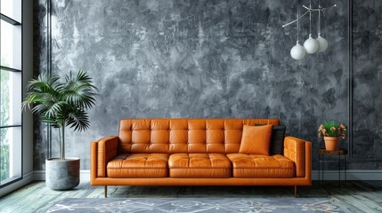 Modern orange leather armchair in living room interior. Stylish sofa in living room.