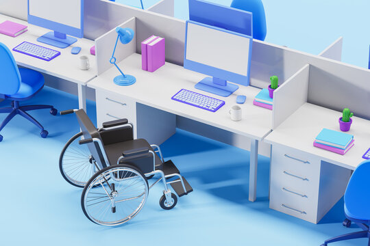 Wheelchair standing near office desk, top view