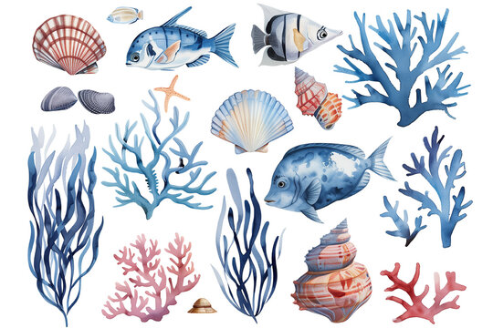 Seamless vector pattern with seashells, fish, and starfish for summer beach designs