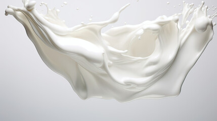 A close-up of a milk splash, capturing the dynamic movement and creamy texture against a clean, white background Ai Generative - obrazy, fototapety, plakaty
