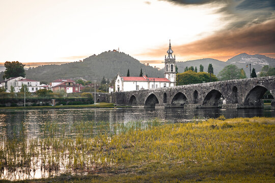 roman bridge over Lima river and the church of Saint Anthony of the Old Tower in Ponte de Lima, Alto Minho, district of Viana do Castelo, Portugal