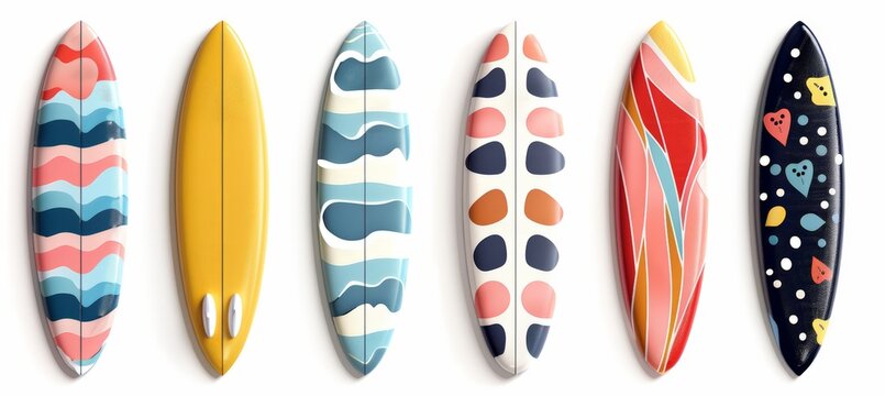 A row of vibrant surfboards lined up next to each other, displaying a variety of colors and designs