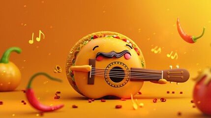 A delightful taco with a big smile playing guitar, set against a vibrant orange background with musical notes.
