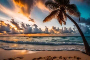 a romantic sunset on the beach. A swinging palm tree stands beneath a sky full of magnificent clouds
