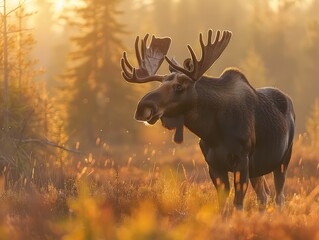 Showcasing the beauty of wildlife, a solitary moose stands in the wetlands on a misty morning, with a forest backdrop.