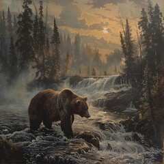 An imposing grizzly bear roams near a waterfall with the glow of sunset in the forested wilderness, a scene of pure nature.