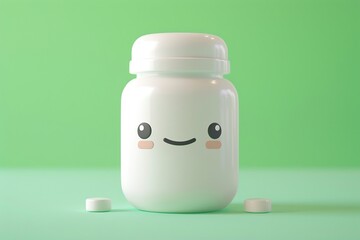 Animated pill bottle with a friendly face, standing on a green surface with pills scattered nearby