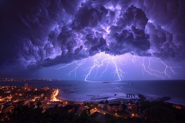 Naklejka na ściany i meble Lightning-lit urban panorama: mesmerizing city skyline amidst electric storms