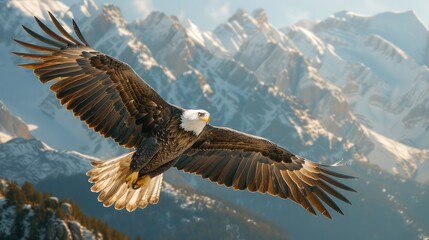 In flight, a bald eagle extends its wings wide against the backdrop of stunning snow-capped mountains under a clear sky.