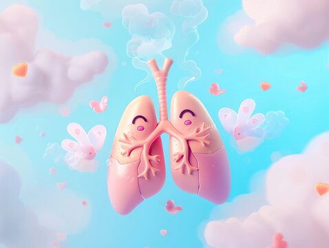 Delightful 3D lungs character with fluttering butterflies and hearts on a dreamy pastel blue sky