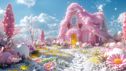 An enchanted pink cottage sits in a lush Easter landscape, with flowering trees, daisies, and decorative eggs under a clear blue sky.. - obrazy, fototapety, plakaty