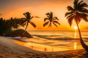 Fototapeta na wymiar Sand beach, palm trees, and an island. panoramic view of the beach. Motivate a lush beach with a beautiful horizon. 