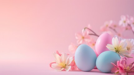 Happy Easter, Easter background with Easter eggs and spring flowers, Top view with copy space, generative ai