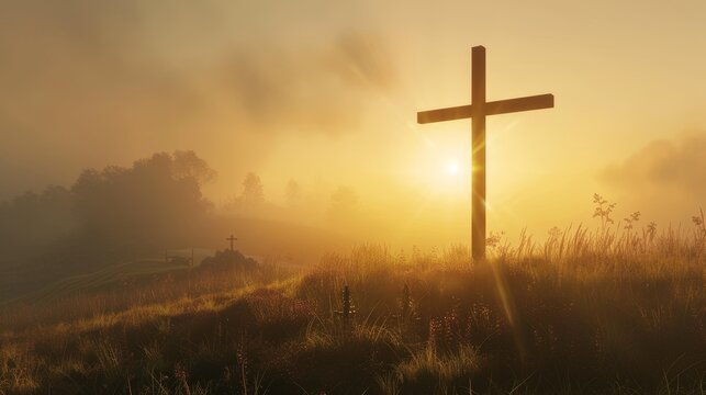 Underneath soft lighting, a Christian cross adorns the hill.