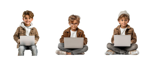 Boy and laptop on transparent background
